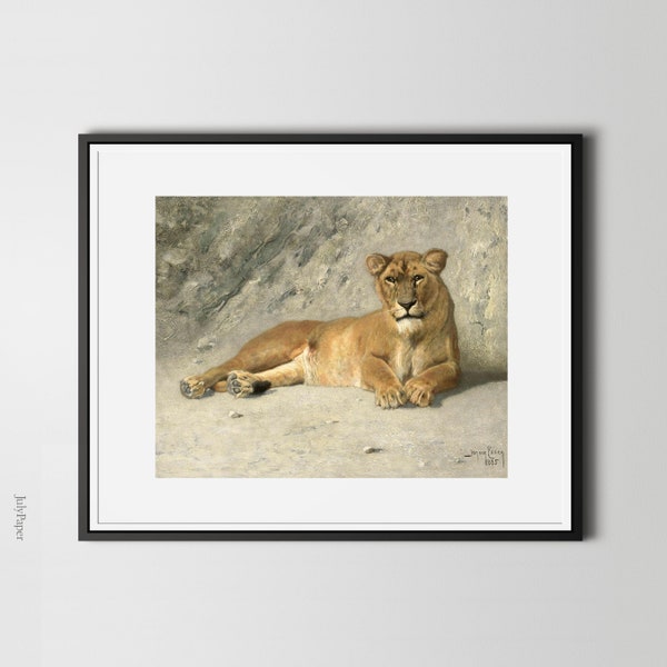 Lioness Resting by Jan van Essen, Wild Animal Art Print, Lioness Vintage Painting, Antique Lion Poster, Lion Mother Art Print, Lion Wall Art