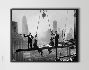 Dining on a NYC Skyscraper Print Vintage Style Photograph of Waiters Serving Lunch to Steelworkers