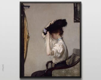 Preparing for the Matinee Woman in Black Hat in Front of Mirror Art Print