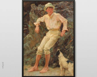 Boy with Dog by Henry Scott Tuke Art Print Nautical Coastal Wall Decor
