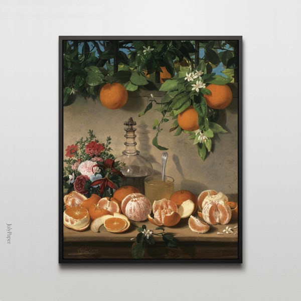 Still Life with Oranges Painting by Rafael Romero Barros, Classical Painting with Oranges, Fruit Still Life with Orange Wall Art