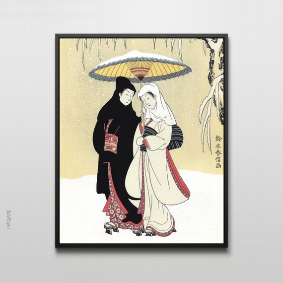 Couple sous un parapluie dans la neige de Suzuki Harunobu, gravure
