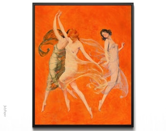 Dance of Three Muses Art Nouveau Print Warren Davis Orange Classical Figurative Art