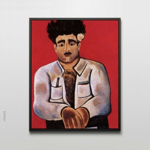 May include: A painting of a man with dark hair and a white flower behind his ear. He is wearing a white shirt with a pocket and a dark vest. The background is a solid red.