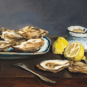 May include: A still life painting of oysters on a blue and white plate with lemons and a small white pitcher. A silver fork is on the table next to the plate.