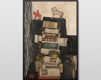 1914 Egon Schiele Still Life with Books Poster - Expressionist Art Print, Mid-Century Danish Decor