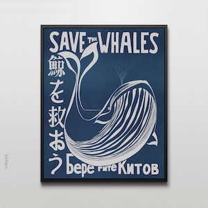 Vintage Japanese Save the Whales Poster - Environmental Art Print - Retro Home Decor - Multiple Colors Available