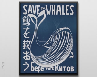 Vintage Japanese Save the Whales Poster - Environmental Art Print - Retro Home Decor - Multiple Colors Available
