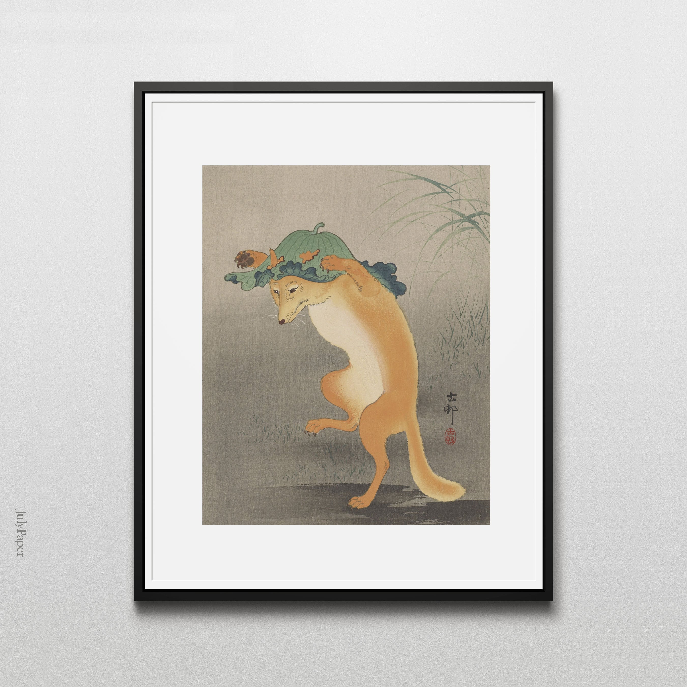 【真作】版画　木版画　牝鹿かくし 神秘的な民俗舞踊図　C52 踊る狐の版画：大原古邨による日本の木版画イラスト - Etsy 日本