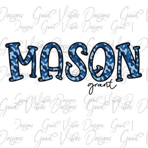 Nombre personalizado PNG, descarga digital de sublimación de niño, sublimación de nombre de letra de camuflaje azul, nombre de fuente azul camuflaje PNG, camiseta con nombre personalizado PNG