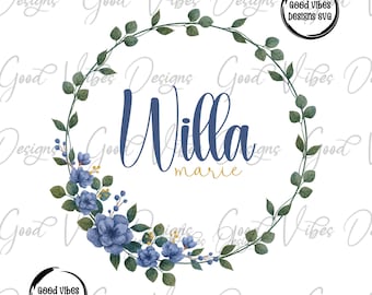 Custom Name PNG, Girl personalized png, Blue Floral Wreath Name png, Blue font name png, Personalized Name png, custom floral wreath png