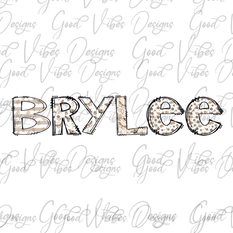 May include: The name "BRYLEE" is spelled out in black outlined letters with a white and brown patterned background. The letters are outlined in black and have a distressed look.
