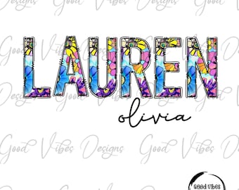 Custom Floral Name png, Bright Watercolor Hand Painted Floral font, Custom floral name shirt PNG, Girl name sublimation digital download