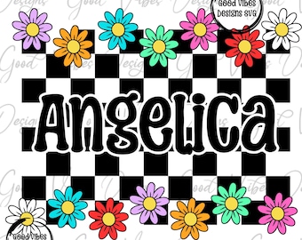 Custom Floral Checkered png, Daisy Racecar Floral font, Custom floral name shirt PNG, Custom name sublimation digital file, Flower Name png