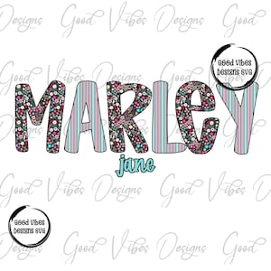 Custom Name png, Hot Pink Aqua Vintage Floral font, Custom floral name shirt PNG, Girl Floral name sublimation png download, Pink Name png