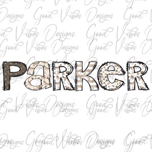 May include: A black and white graphic design of the name "PARKER" with a brown and white patterned background.