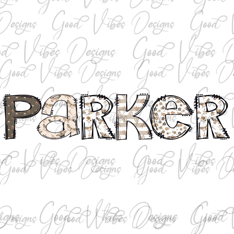 May include: A black and white graphic design of the name "PARKER" with a brown and white patterned background.