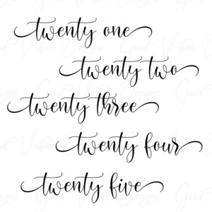 May include: Five handwritten numbers in cursive script: twenty one, twenty two, twenty three, twenty four, and twenty five.