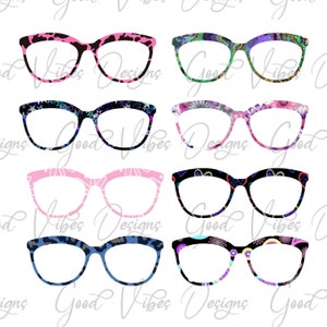 Clip art eye glasses in abstract, animal print, floral and star designs. PNG Clipart, Eyeglass topper, eye shades clipart, Bundle of 10