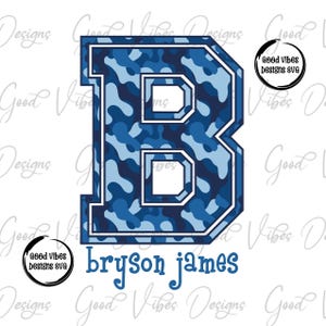 Custom Blue Camo Monogram PNG, Boy Camo sublimation, Camo Letter Name sublimation, Camo font name png, Personalized Name Initial shirt png
