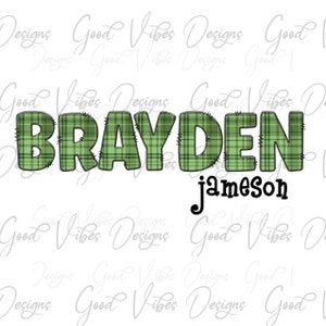 Custom Name PNG, Boy sublimation digital download, Green Letter Name sublimation, Green Plaid font name png, Personalized Name shirt png