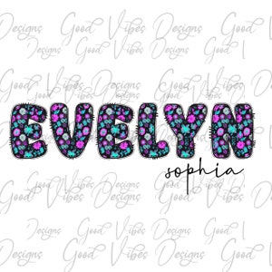 Custom Floral Name png, Vibrant pink turquoise Floral font, Custom floral name PNG, Girl name sublimation digital download, Pink Name png