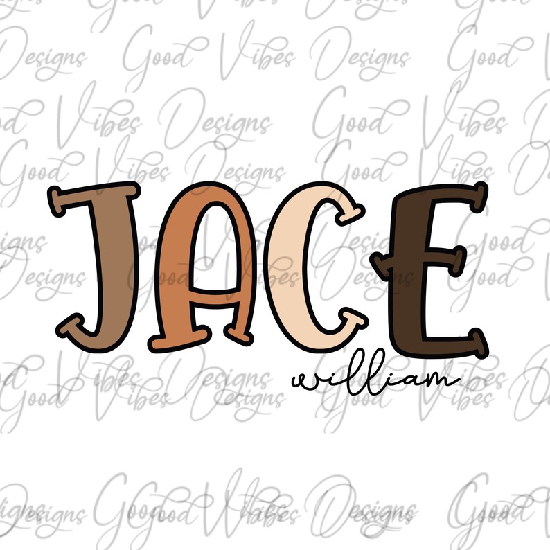 Puede incluir: Un dise&ntilde;o gr&aacute;fico en marr&oacute;n, naranja y beige del nombre "JACE" con un contorno negro. El nombre est&aacute; escrito en un estilo de letra manuscrita juguet&oacute;n. El texto "william" est&aacute; escrito en negro debajo del nombre.