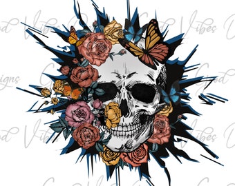 Floral Skull PNG Sublimation Design, Hippie png, Boho png, Skull Flower sublimation, Butterfly Skull sublimation, Butterfly flower skull png