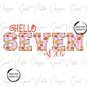 Hello Seven Eight Nine Ten Eleven Six Five Four Custom PNG, Girl sublimation download, Pink Retro Floral Birthday png, Personalized est png