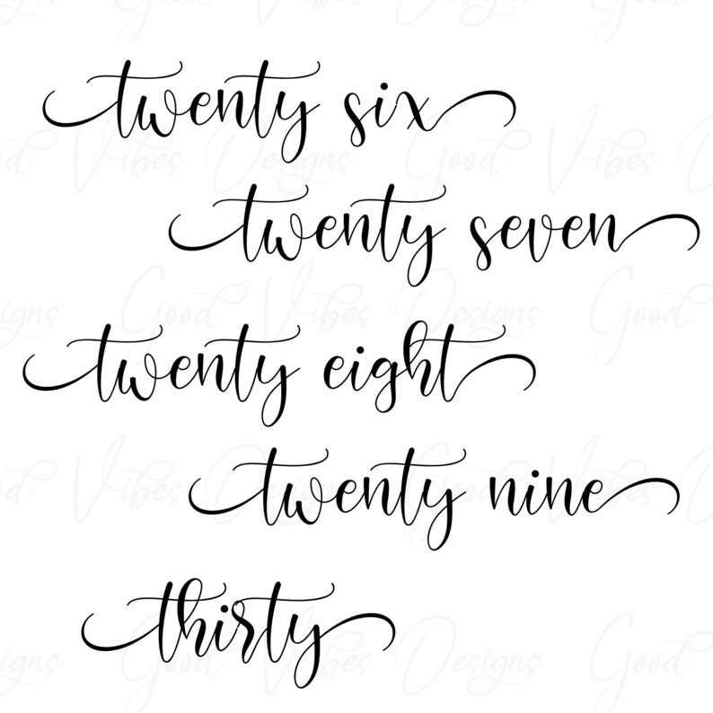 May include: A set of five calligraphy-style numbers, twenty-six through thirty, written in black ink on a white background.