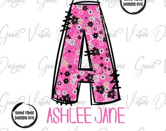 Custom Floral Name png, Hot Pink Daisy Floral font, Custom floral PNG, Girl name png, Pink Floral Name png, Vintage Boho Floral Custom png