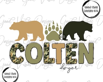 Custom Bear Hunting Name PNG, Personalized Hunting Sublimation Design, Rustic Outdoor Nursery Wall Art, Baby Boy Room Decor, Custom Name PNG