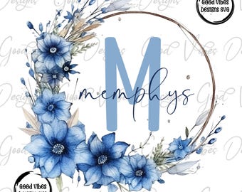 Custom Name PNG, Girl personalized png, Blue Floral Wreath Name png, BLue font name png, Personalized Name png, custom floral wreath png