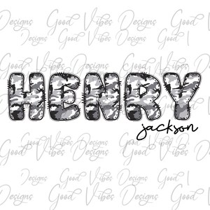 Nombre personalizado PNG, descarga digital de sublimación de niño, sublimación de nombre de letra de camuflaje negro, nombre de fuente de camuflaje png, signo de camisa de nombre personalizado png