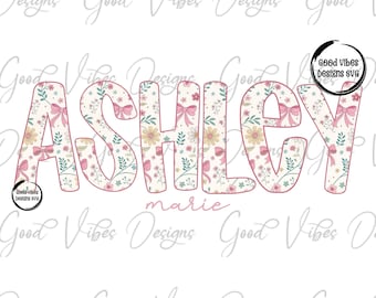 Custom Floral Name png, Pink Bow Vintage Floral font, Custom floral name shirt PNG, Girl name sublimation digital download, Pink Name png