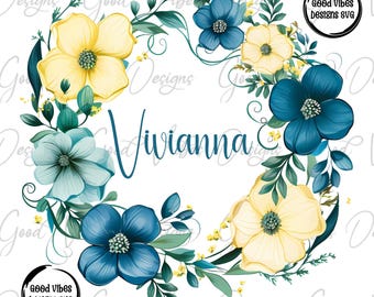 Custom Name PNG, Girl personalized png, Yellow Floral Wreath Name png, Teal font name png, Personalized Name png, custom floral wreath png