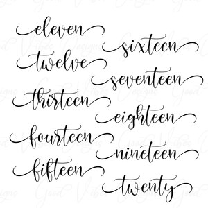 May include: A set of ten calligraphy-style numbers, from eleven to twenty, written in black ink on a white background.