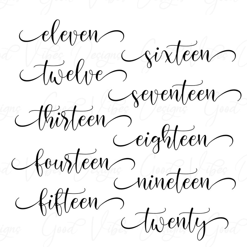 May include: A set of ten calligraphy-style numbers, from eleven to twenty, written in black ink on a white background.