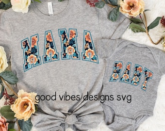 MAMA and Baby floral PNG, Mommy and Me Shirts, Matching Mother and Daughter Shirts, Gift for Mommy and Bay, Cute Baby shower gift