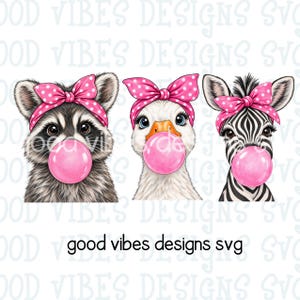 May include: A digital illustration featuring a raccoon, a goose, and a zebra, each wearing a pink polka-dot bow and blowing a bright pink bubblegum bubble. The text "good vibes designs svg" is visible at the bottom of the white background.
