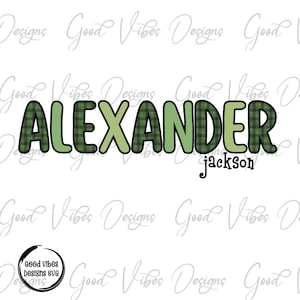 Custom Name PNG, Boy sublimation digital download, Green Letter Name sublimation, Green Plaid font name png, Personalized Name shirt png