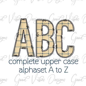 Yellow Plaid Themed Alphabet, Farmer Alphabet Doodle, Farmhouse alphabet, Spring Plaid Alphabet, Farmer Plaid Alphabet, Yellow Blue Alphabet