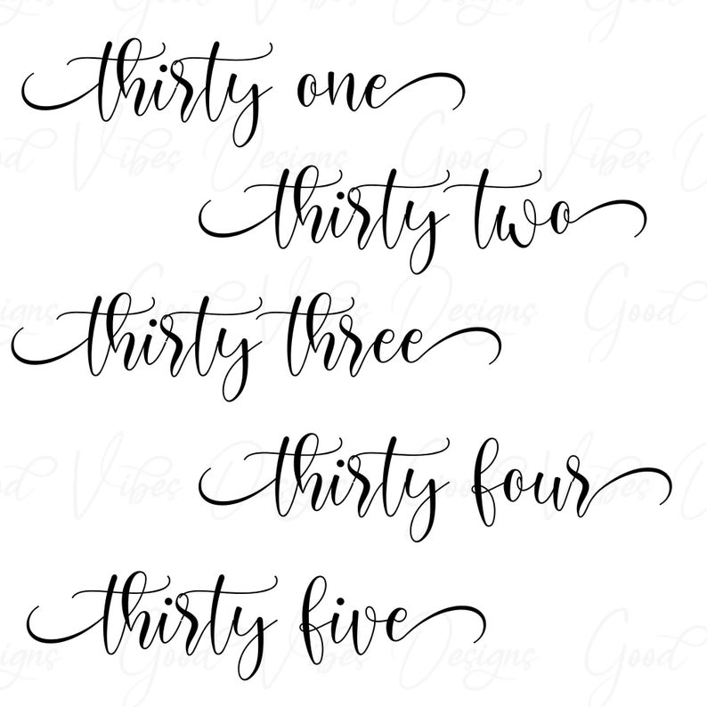 May include: Five handwritten numbers in cursive script: thirty one, thirty two, thirty three, thirty four, and thirty five.