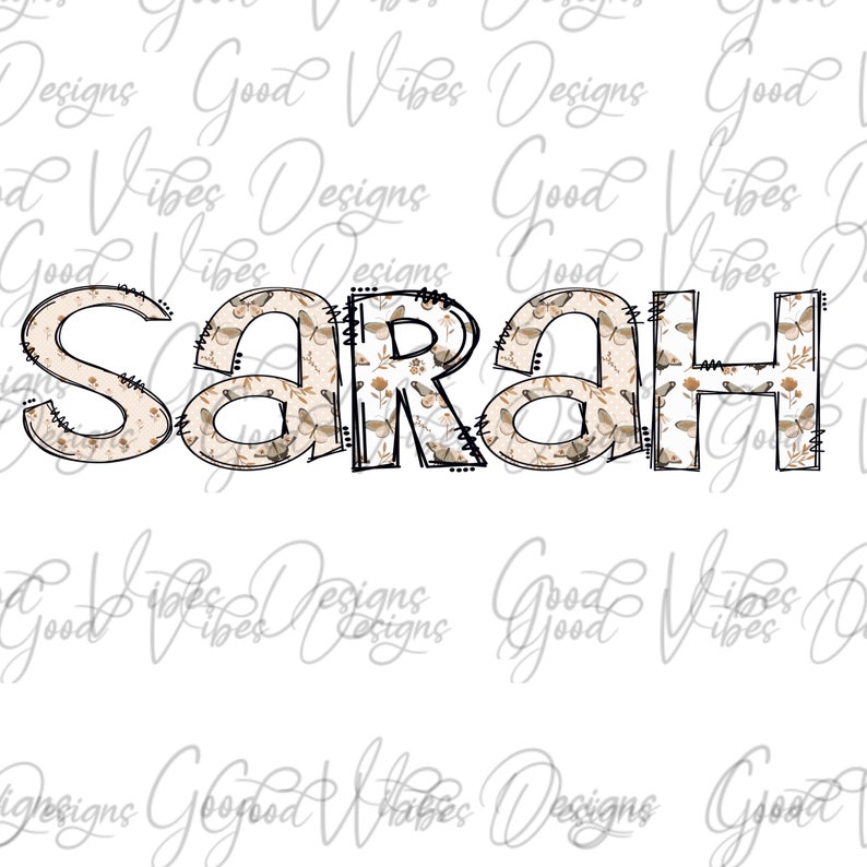 May include: The name "SARAH" is written in large, stylized letters with a brown and white floral pattern. The letters are outlined in black and have a stitched effect.