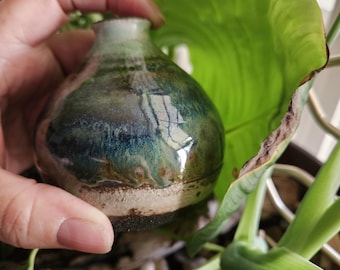 Handmade Glazed Pottery Bud Vase, Green Blue Glaze, 3x3"