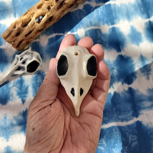 May include: A cream-colored bird skull pendant with black eye sockets and beak details is held in a hand. A second skull and a piece of wood are in the background. The background is a blue and white tie-dye pattern.