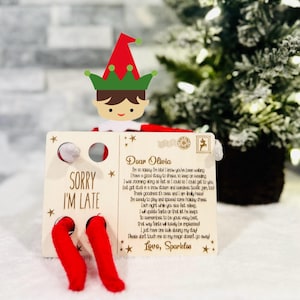 Carte postale elfe Je suis désolé d'être en retard • Lettre d'elfe Je suis en retard • Carte postale en bois • Cadeau de Noël elfe • Cartes elfes • Décoration de Noël elfe