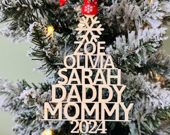 Personalized Family Christmas Ornament: Wood Star/Snowflake Design