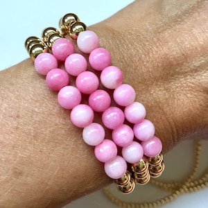 Pink Jade & gold plated beaded bracelet - Bracelet for women - Woman bracelets - Beaded bracelets - Gold ball bracelets - Gemstones - Jade