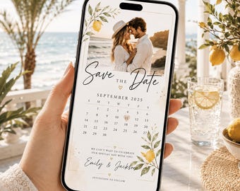 Digital Save the Date Template with Photo, Lemon Citrus Calendar Save the Date Card, Editable Canva Template, Italian Wedding Invite